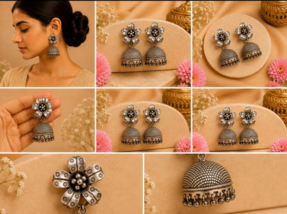 92.5 Sterling Silver Floral Dome Jhumki Earrings