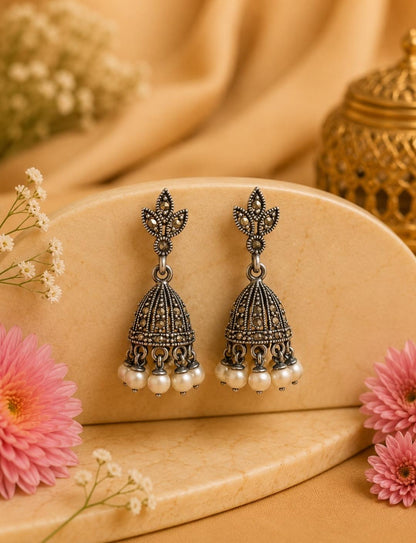 Marcasite Majestic Crown Jhumki Earrings
