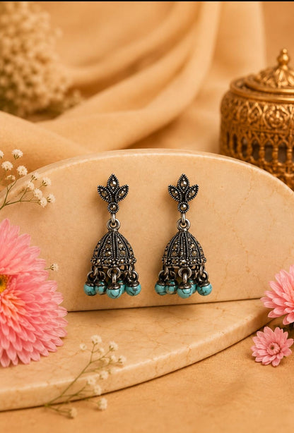 Antique Silver Marcassite Jhumkis with Turquoise Beads
