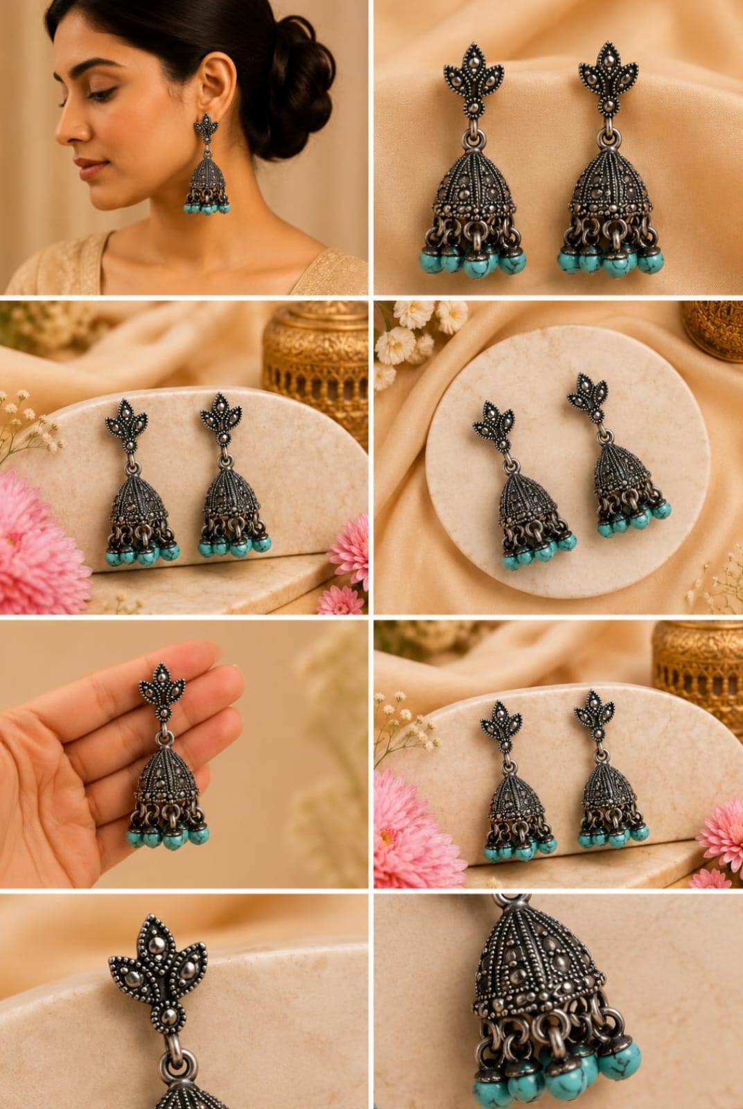 Antique Silver Marcassite Jhumkis with Turquoise Beads