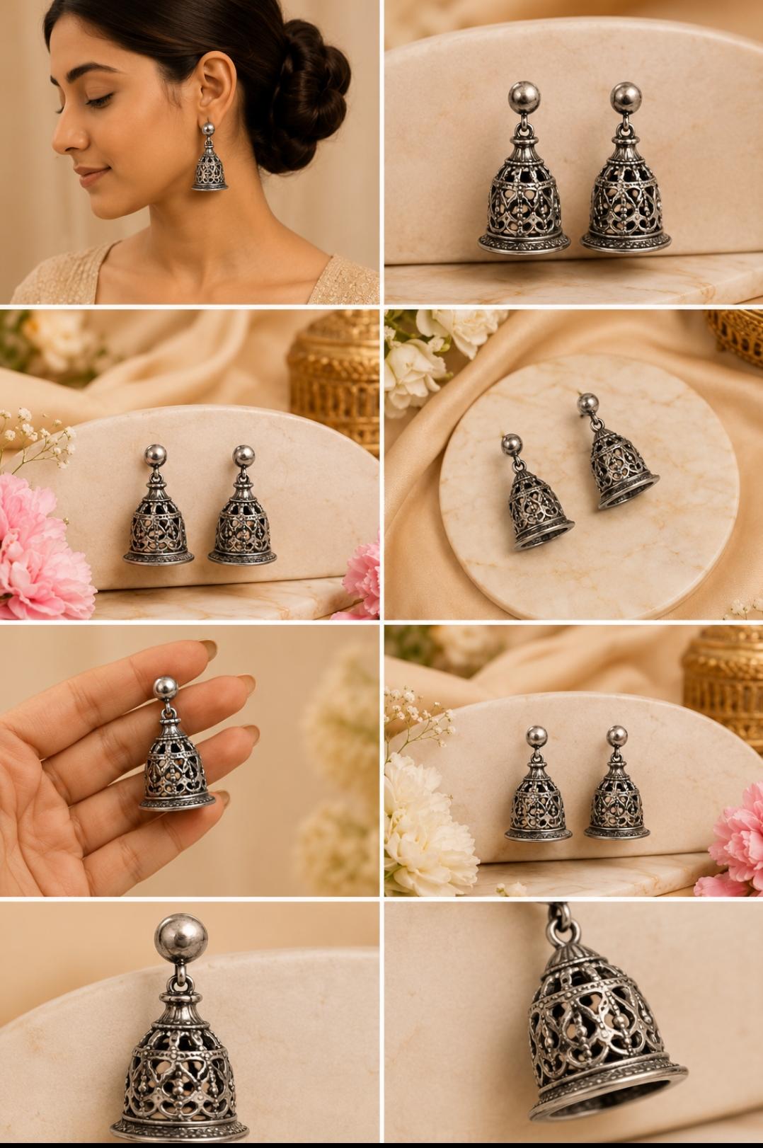 92.5 Sterling Silver Cutwork Jhumki Earrings