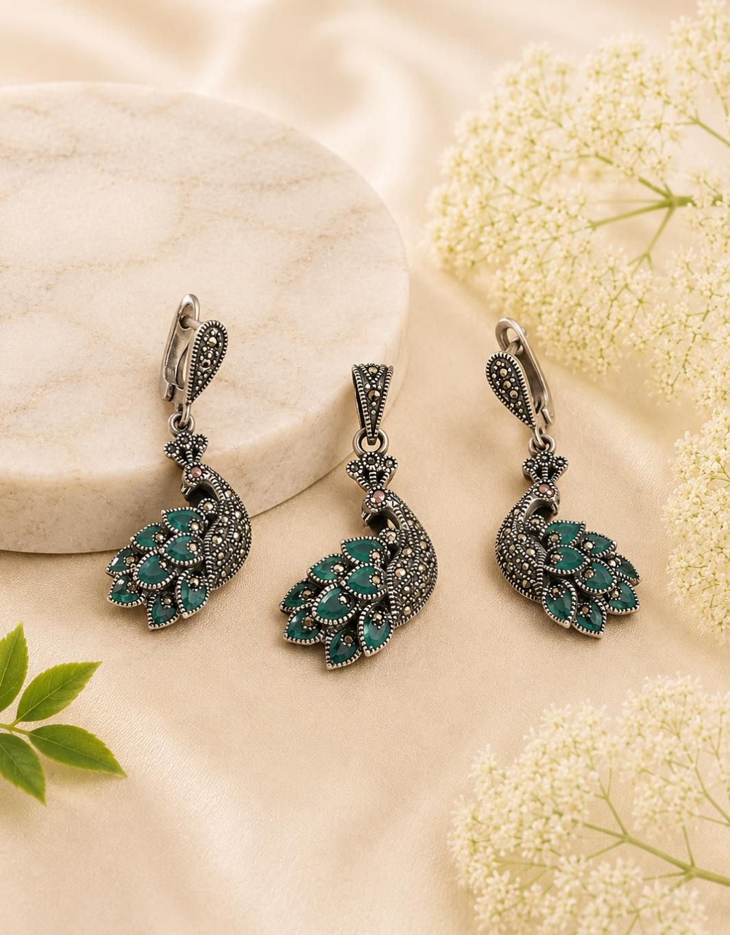 Emerald Majesty 92.5 Sterling Silver Peacock Set