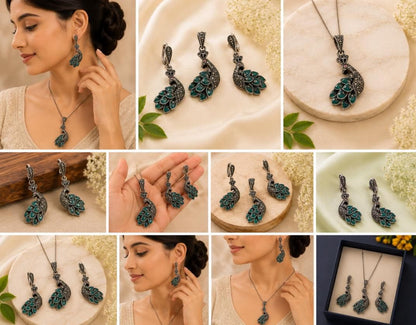 Emerald Majesty 92.5 Sterling Silver Peacock Set