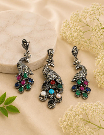 Vibrant Navratna-Style 92.5 Sterling Silver Peacock Set