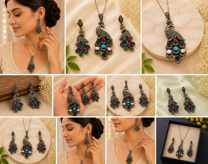 Vibrant Navratna-Style 92.5 Sterling Silver Peacock Set