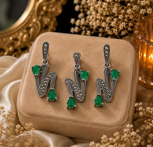Emerald & Marcasite Wave Pendant Set
