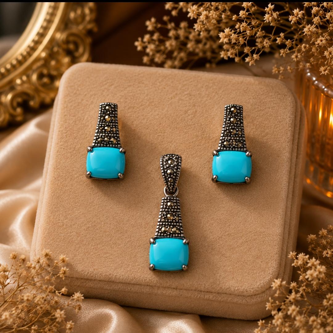 Turquoise & Marcasite Tapered Pendant Set