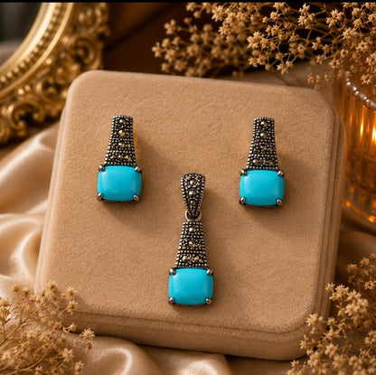 Turquoise & Marcasite Tapered Pendant Set