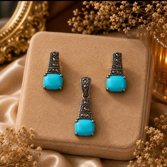 Turquoise & Marcasite Tapered Pendant Set