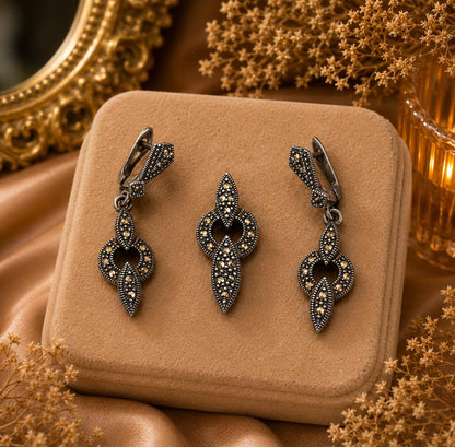 Marcasite Geometric Medallion Pendant Set