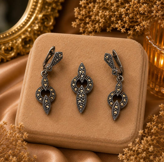 Marcasite Geometric Medallion Pendant Set