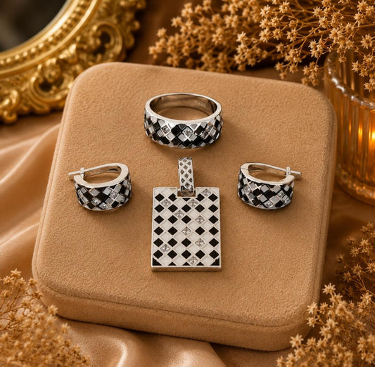 Checkerboard Monochrome Enamel & CZ Set