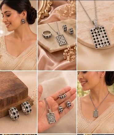 Checkerboard Monochrome Enamel & CZ Set