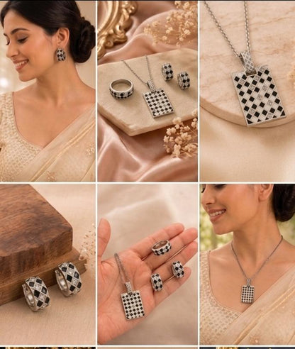 Checkerboard Monochrome Enamel & CZ Set