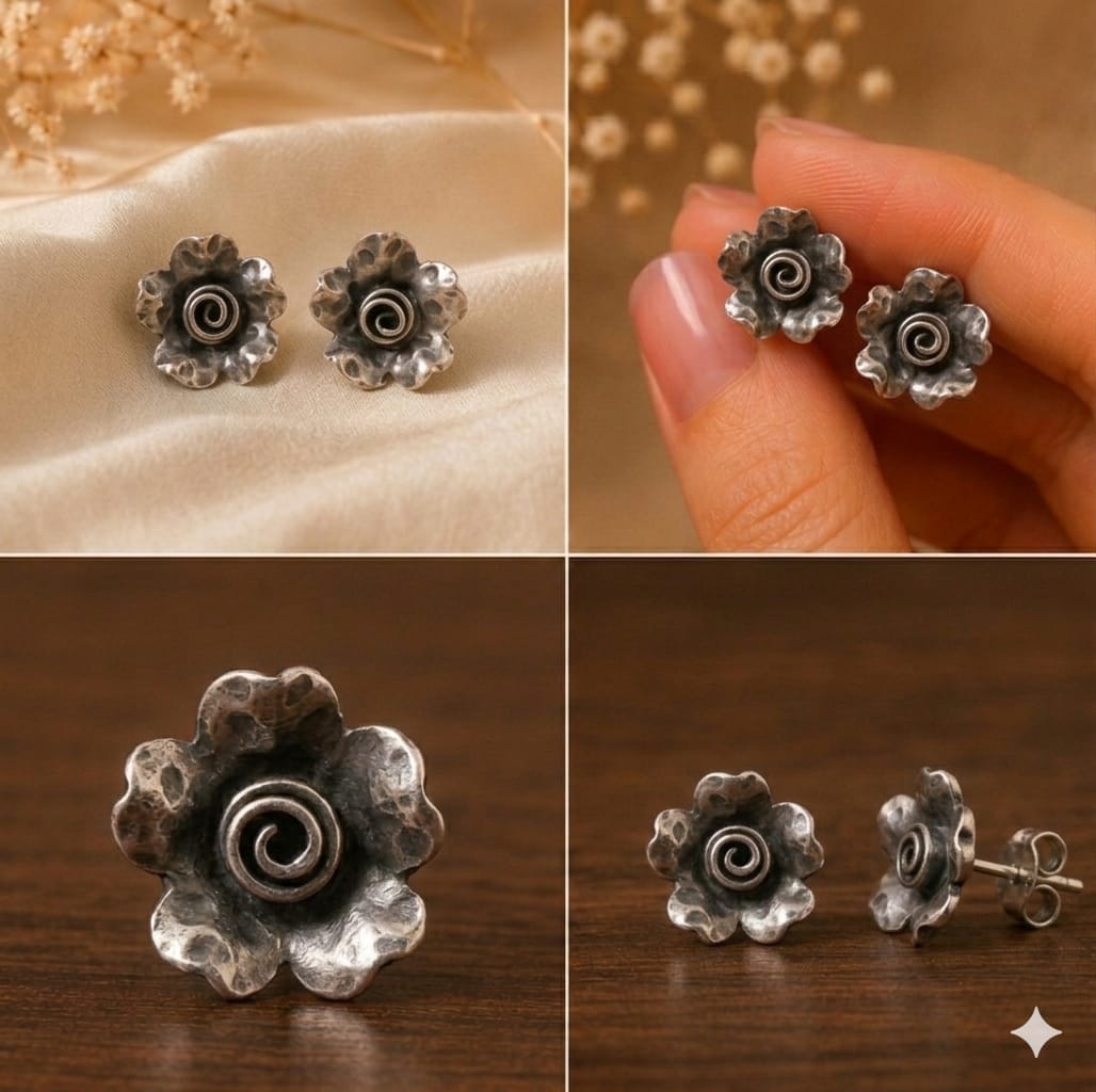 92.5 Silver Textured Swirl Flower Studs