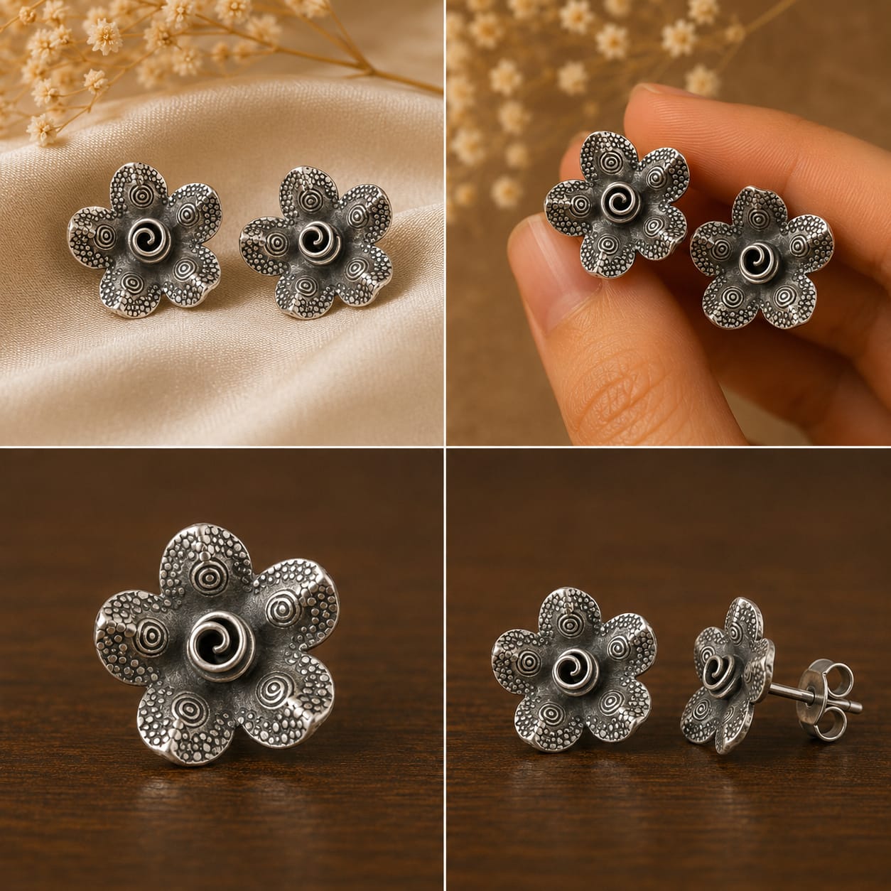 92.5 Silver Patterned Swirl Flower Studs