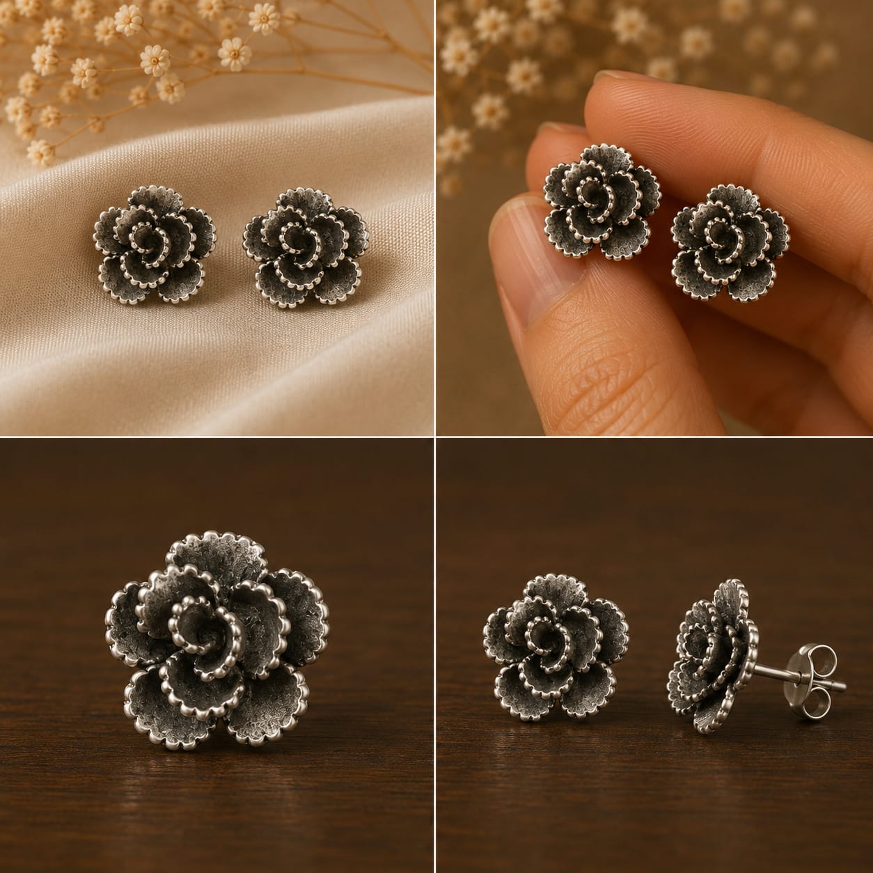 92.5 Silver Beaded Rose Studs