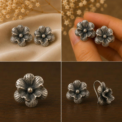 92.5 Silver Mesh Flower Earrings
