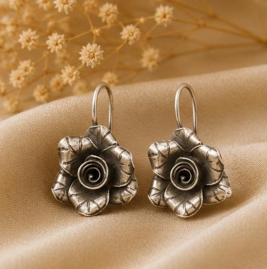 92.5 Silver Rose Hook Earrings
