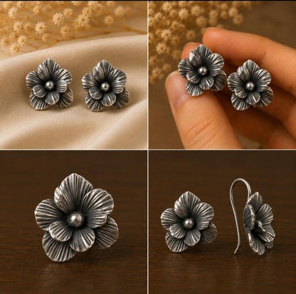 92.5 Silver Textured Layered Flower Earrings