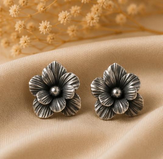 92.5 Silver Textured Layered Flower Earrings