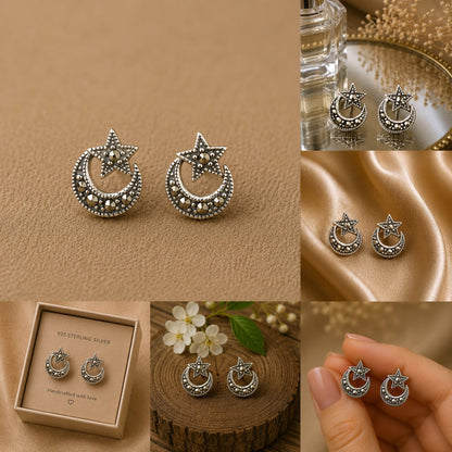 Silver Crescent & Star Studs
