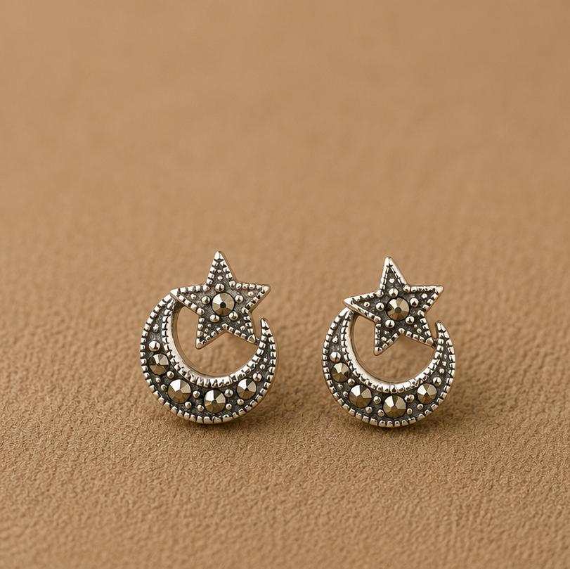 Silver Crescent & Star Studs