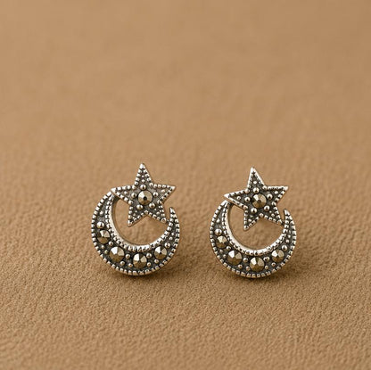 Silver Crescent & Star Studs