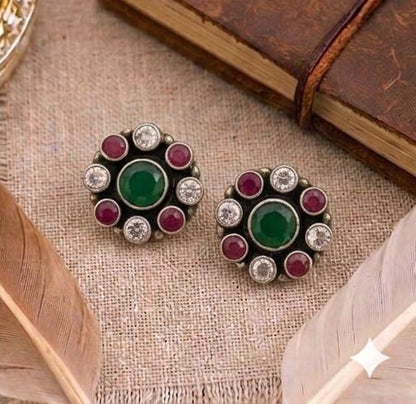 92.5 Sterling Silver Emerald & Ruby Studs