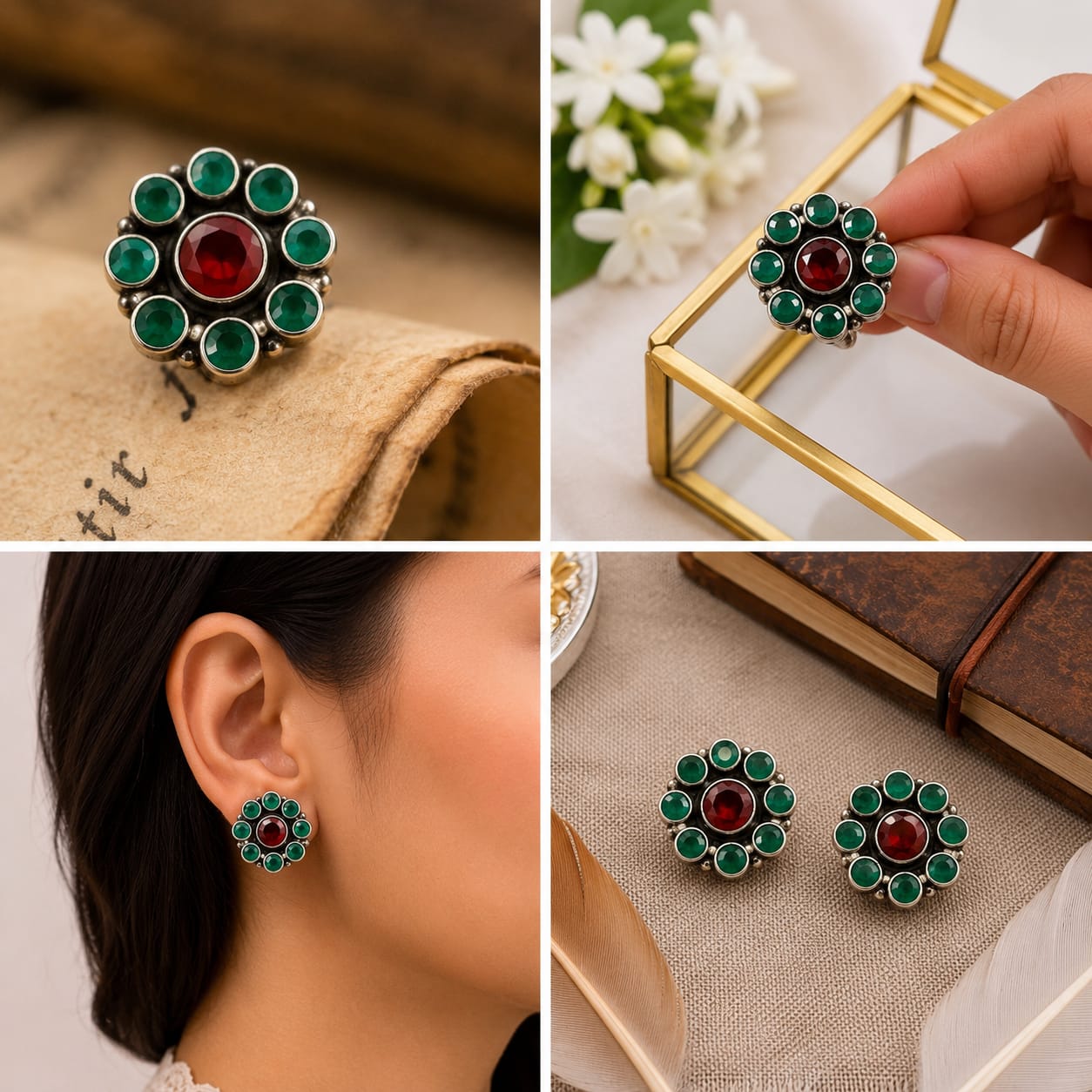 92.5 Sterling Silver Red & Green Studs