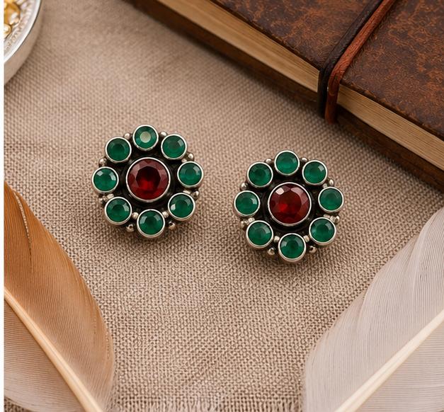 92.5 Sterling Silver Red & Green Studs