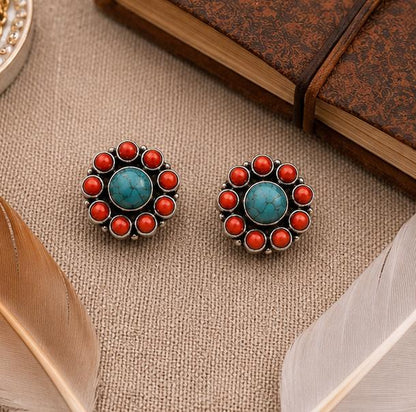 92.5 Sterling Silver Turquoise & Coral Studs