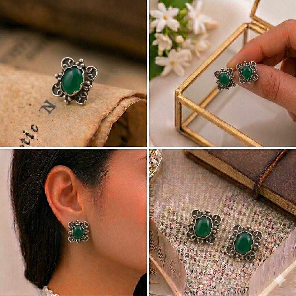 Sterling Silver Green Stone Studs