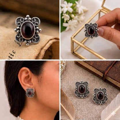 Sterling Silver Deep Red Stone Studs