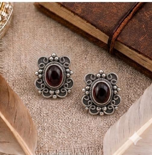 Sterling Silver Deep Red Stone Studs