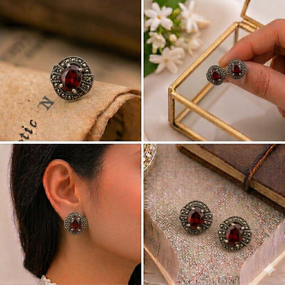 Sterling Silver Garnet & Marcasite Studs