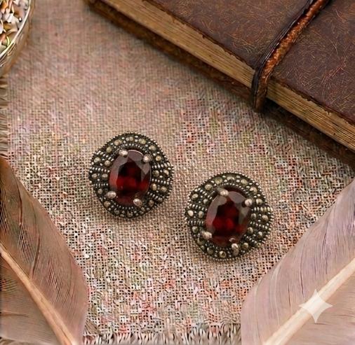 Sterling Silver Garnet & Marcasite Studs