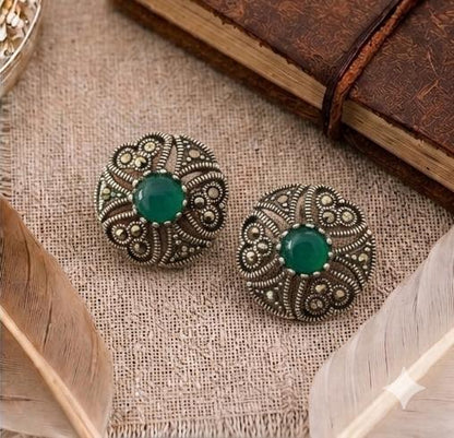 Sterling Silver Green Stone & Marcasite Studs