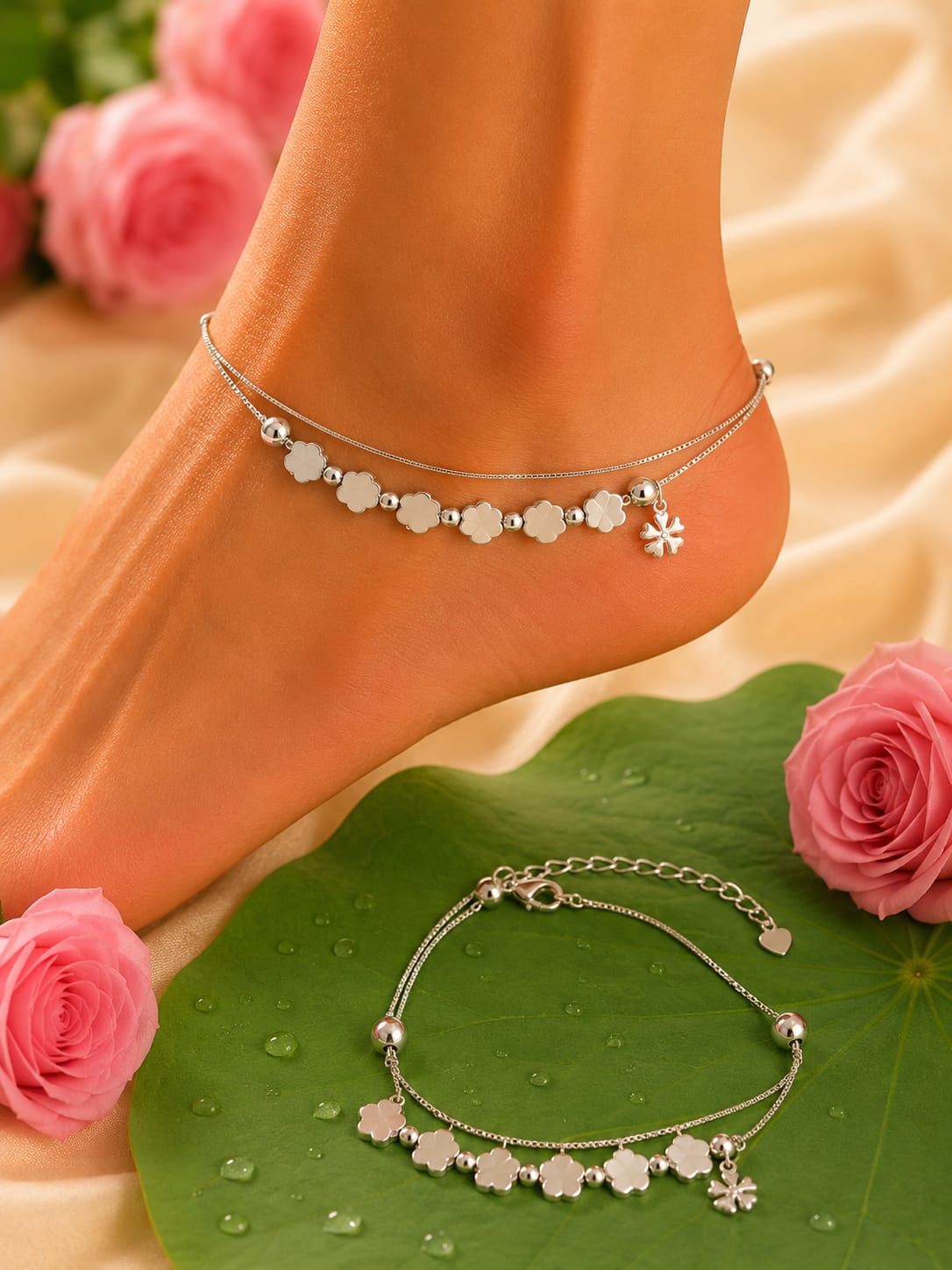 92.5 Sterling Silver Layered Floral Anklets
