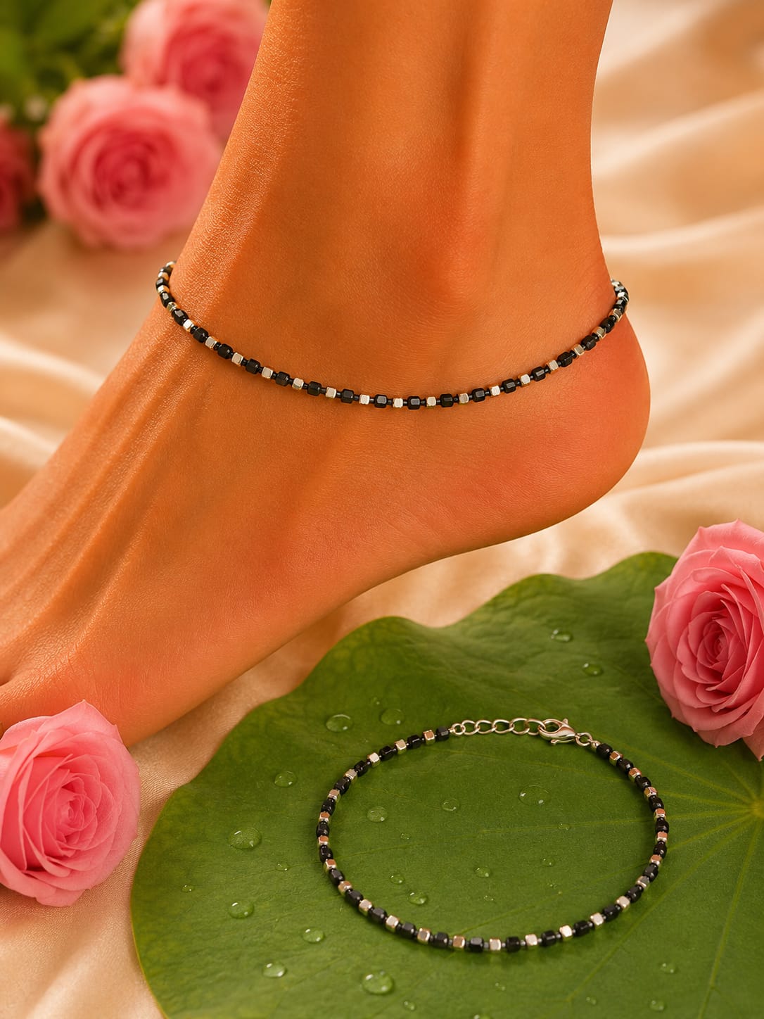 92.5 Sterling Silver Minimalist Black Bead Anklets