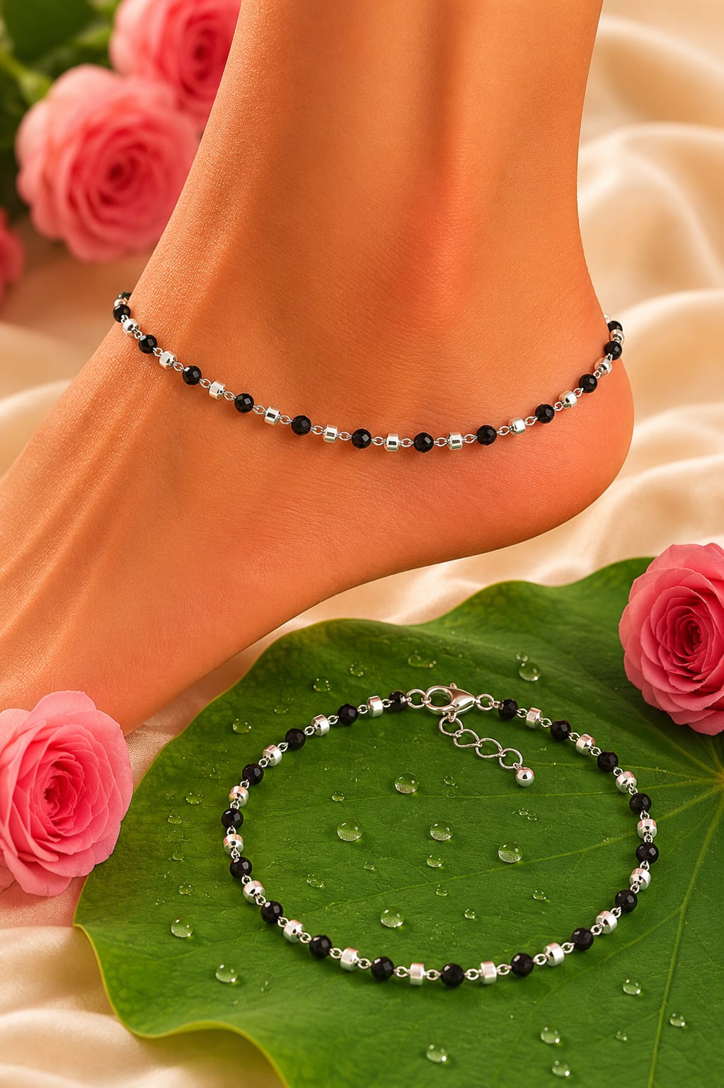 Silver & Black Bead Nazaria Anklet