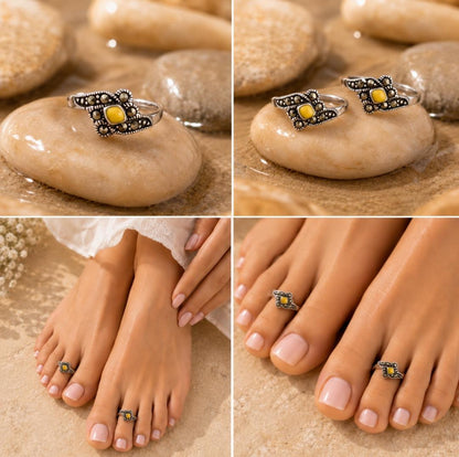 92.5 Sterling Silver Marcasite & Yellow Stone Toe Rings