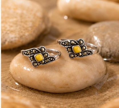 92.5 Sterling Silver Marcasite & Yellow Stone Toe Rings