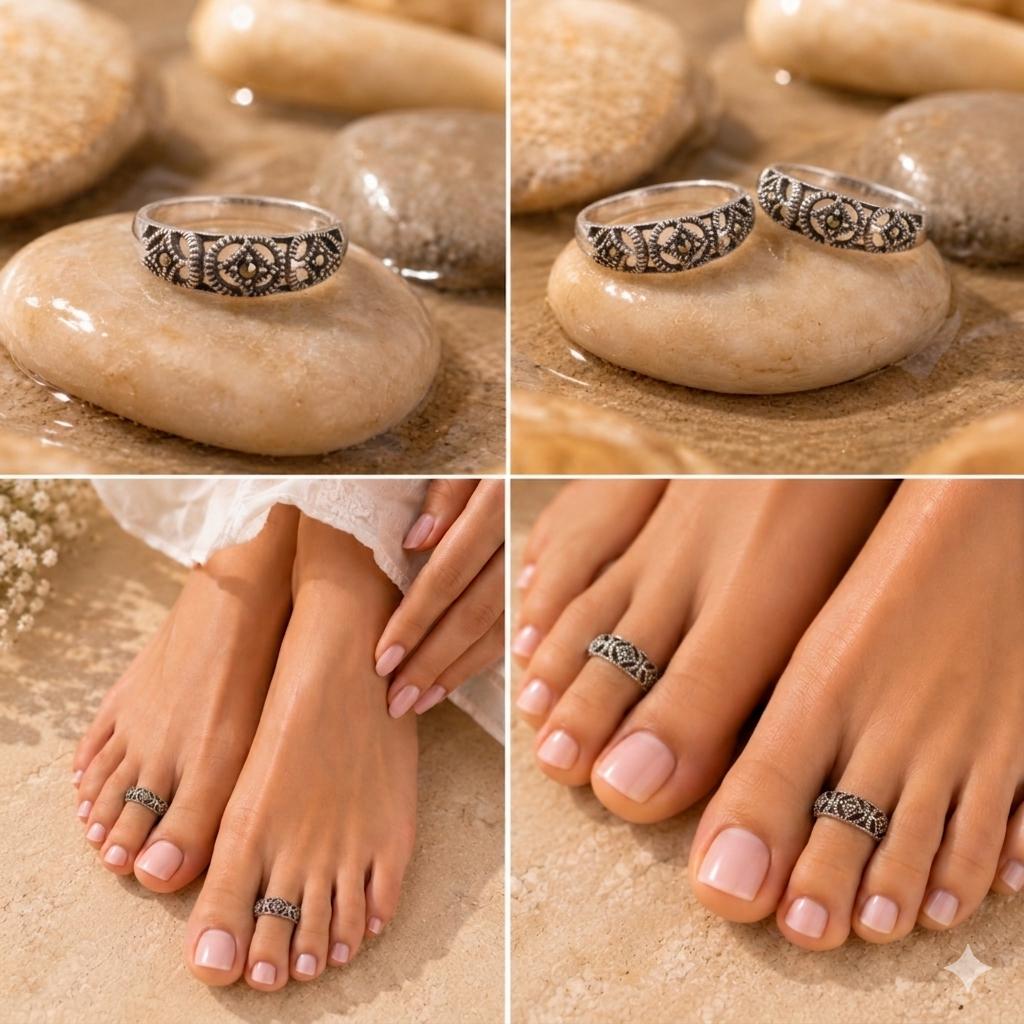 92.5 Sterling Silver Marcasite Filigree Toe Rings