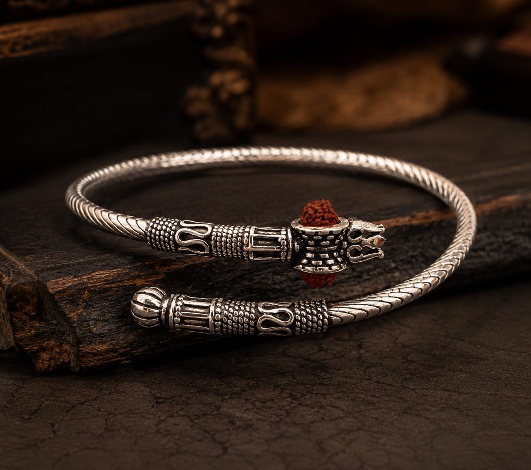 92.5 Sterling Silver Spiritual Unisex Trishul and Rudraksha Kada
