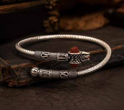 92.5 Sterling Silver Spiritual Unisex Trishul and Rudraksha Kada