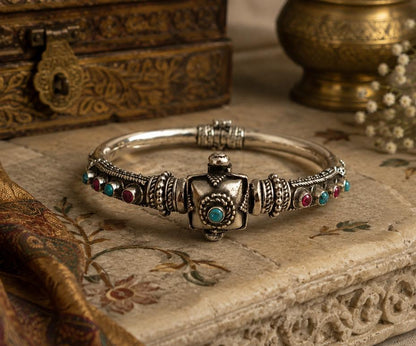 Ornate Stone-Studded 92.5 Sterling Silver Kada