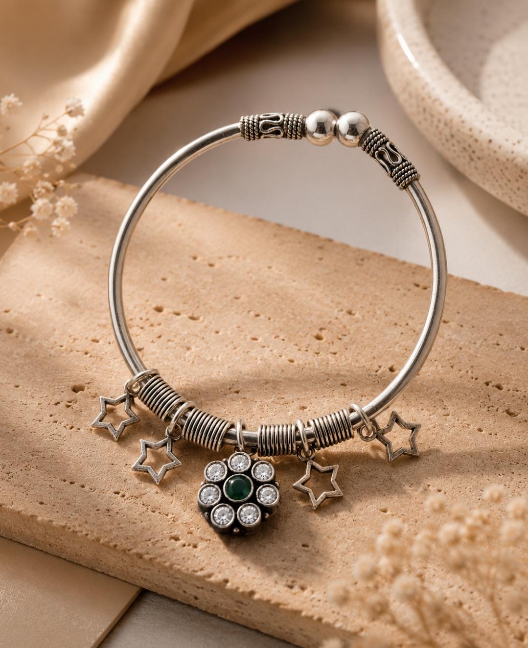 92.5 Sterling Silver Charming Star-Dangle Silver Kada