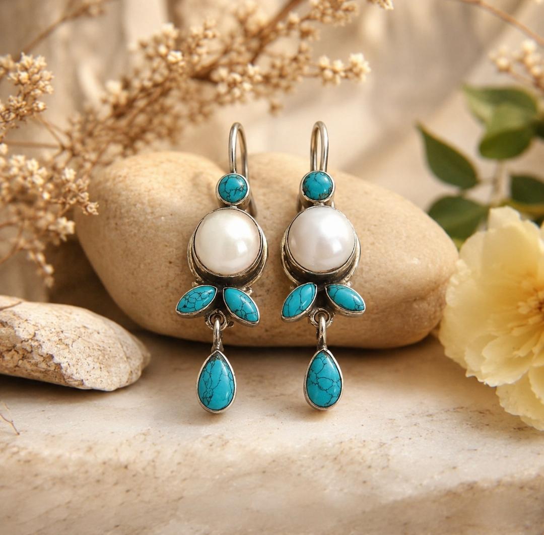 Turquoise & Pearl Silver Drops