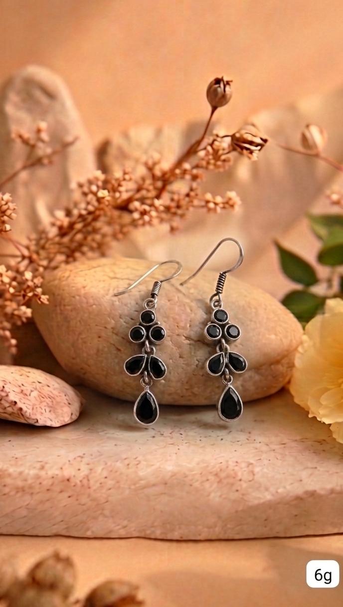 Silver Black Spinel Tiered Earrings